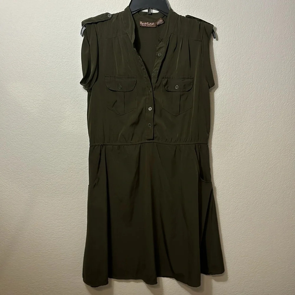 Speed Control Dress Womens Button Up Shirt Pocket Utility Roll Sleeve Green